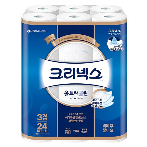 크리넥스 울트라클린 3겹 천연펄프 고급롤화장지, 24개입, 1개