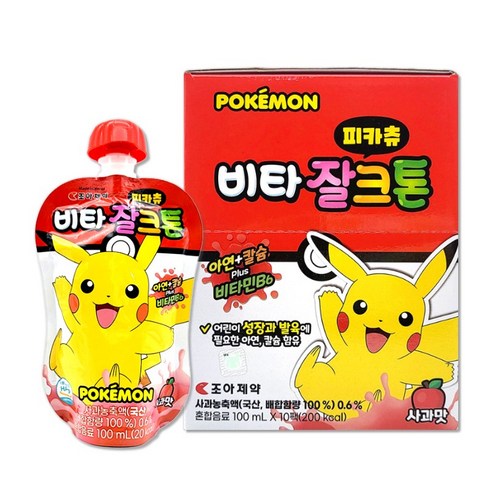 조아제약 비타 잘크톤 포켓몬 피카츄 사과맛 100ml 약국용 유아음료, 10개