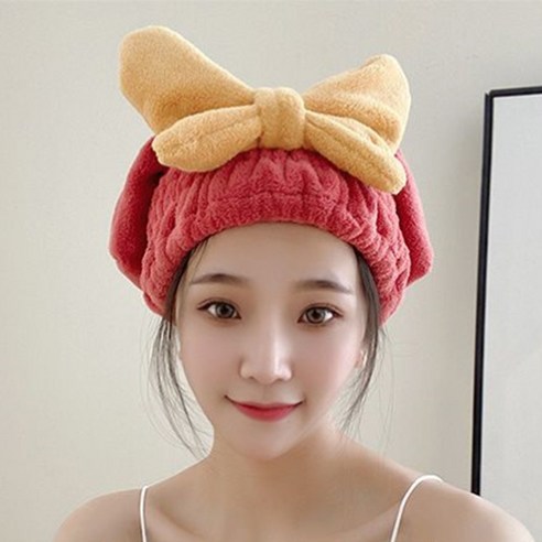 머리 빨리 마르는 헤어 드라이캡 왕리본 머리수건, 레드, 1개