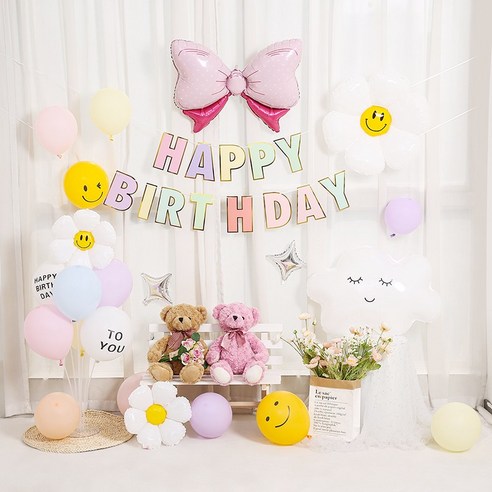 [피앤비유니티] 대형리본 데이지 생일풍선, 1세트, 02)대형리본 데이지생일세트-미소구름