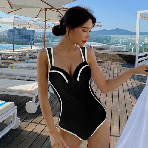 KORELAN여자 블랙&화이트 패치 글래머 인스 가슴집합 와이어 점프수트 슬림 온천 수영복, 블랙