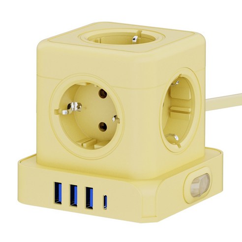 티메코 20W 고속충전 5구 멀티탭 TMC-10 SF코팅 큐브 디자인 C타입 USB 1.8M 전선형, 1개, 옐로우