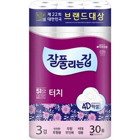 잘풀리는집 깨끗한 3겹데코 터치 25M 30롤 롤화장지 고급롤화장지(3겹이상) 25m, 1개