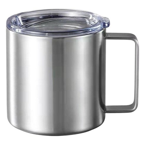 손잡이가있는 뚜껑이있는 스테인레스 스틸 커피 컵 drinkware 더블 레이어 내열성 마시는 컵 캠핑 주방 야외, 은, 8.7x9.5cm