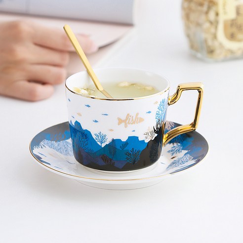 DFMEI.커피잔 세트요.Coffee cup set유럽식 작은 럭셔리 세라믹 커피잔 세트 골드 커피머신 티타임워터컵 스푼입니다., 남성 컵 세트 (713g), DFMEI.