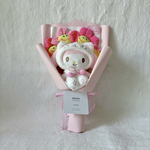 산리오 고양이 코스튬 가방고리 키링13cm 스마일꽃4송이 인형꽃다발 졸업선물 생일선물 졸업식꽃다발, 1세트, 마이멜로디, 330mm