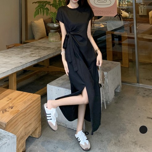 라라벨 여성용 원피스 라운드 무지 베이직 슬릿 스트랩 반팔 데일리 원피스