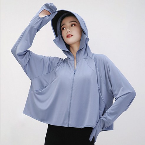ANYOU 여성용 햇빛 차단 점퍼 여성 햇빛차단 쿨링 바람막이 자외선차단 후드집업, 글러브-미세먼지블루
