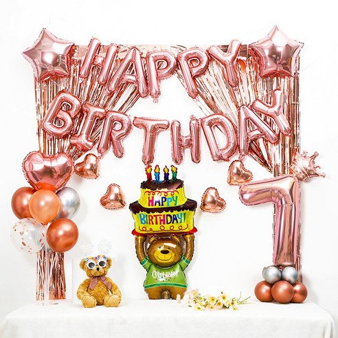 [피앤비유니티] 로즈골드(곰돌이)케익커튼형 생일풍선세트 숫자포함, 1세트, 07)로즈골드(곰돌이)7 케익커튼형 생일풍선세트