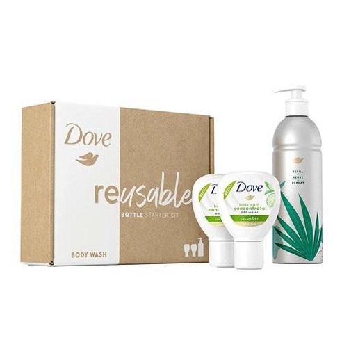 Dove 바디 워시 알루미늄 재사용 가능한 병 및 농축 리필 2x 스타터 키트 부드러운 피부 오이 스킨 케어 및 지속적인 영양 공급 3피스 세트, 1개