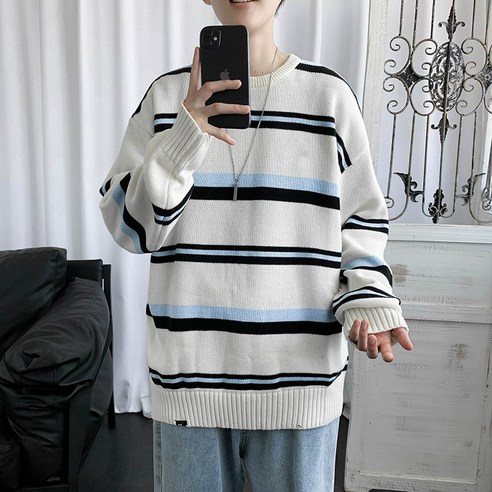 smy스트라이프 라운드 넥 스웨터 남자 가을 겨울 패션 브랜드 풀오버 스웨터 한국식 느슨한 모든 일치 게으른 스타일 긴 소매 스웨터