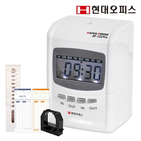 현대오피스 페이퍼프랜드 출퇴근기록기 EF-123+카드100매+16인용카드함 / 4란인자, EF-123