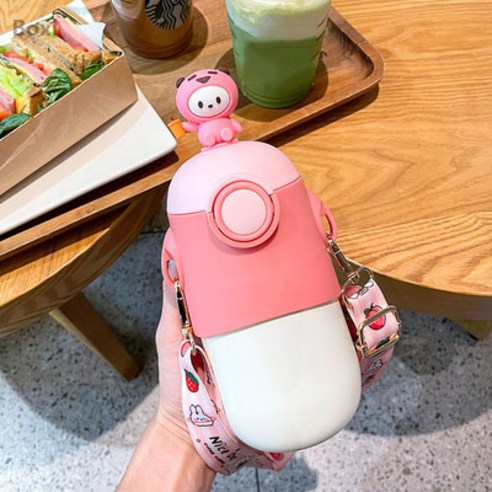 [LM] 500ml Kawaii 토끼 보온병 귀여운 스테인레스 스틸 보온병 물병 빨대와 절연 차가운 음료 컵, {"크기":"500ml"}, Pink