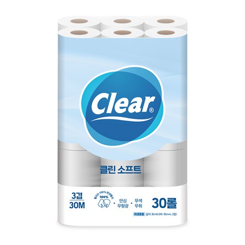 클리어 100% 천연펄프 클린 소프트 화장지 3겹 30m 30롤, 30개, 1개 Best Top3