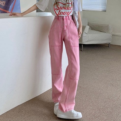 DFMEI 핑크진 여자 봄 하이웨이스트 작은 스트레이트 팬츠 디자인감 색다른 팬츠 Ins 붐업