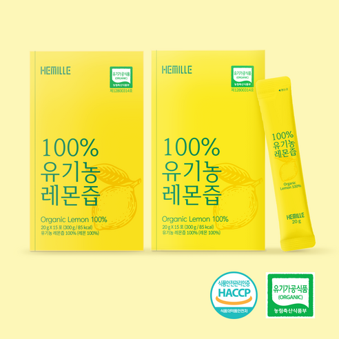 김소형 헤밀레 100% 유기농 레몬즙 원액 스틱 15포, 300g, 2개