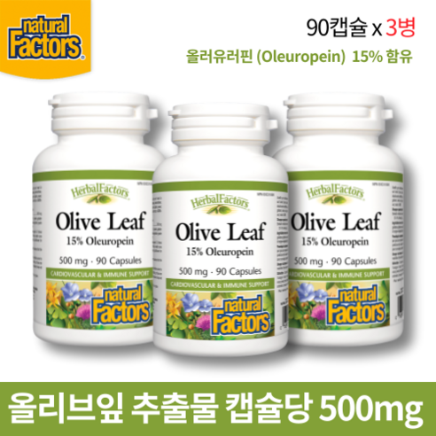 올리브잎 추출물 500mg 90캡슐 올러유러핀 15% 함유 네추럴 팩터스 캐나다 직구, 3병