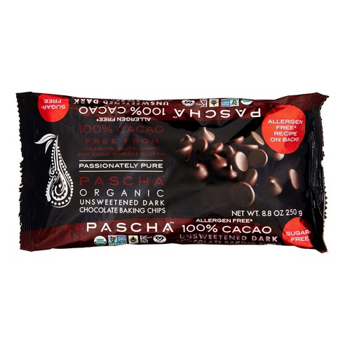 Pascha 100% 카카오 패셔너틀리 퓨어 오가닉 언스위튼드 다크 초콜릿 베이킹 칩, 250g, 1개