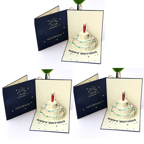1/2/3/4구성 입체 3D 생일 축하 팝업 카드 촛불 케이크 초대장 파티 편지지, 네이비3p