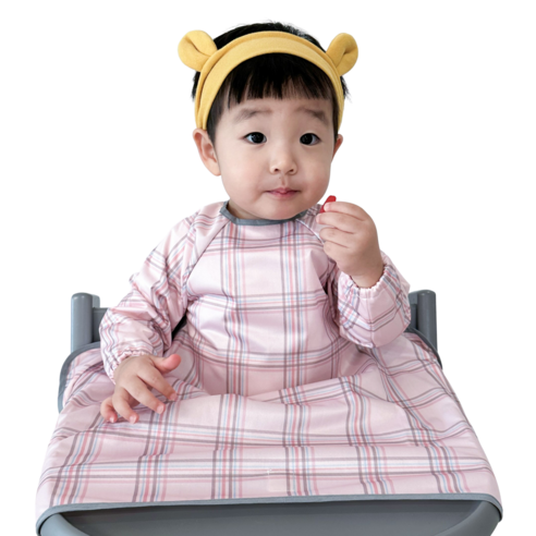 벨베이비 유아용 자기주도 긴팔 부분커버 이유식 턱받이, (리뉴얼)핑크 체크, 1개, 1개입