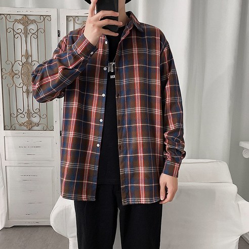 과 느슨한 격자 무늬 긴팔 셔츠 어 버전 모든 경기 대학 스타일 인치 의류 홍콩 스타일 문학 캐주얼 셔츠 소
