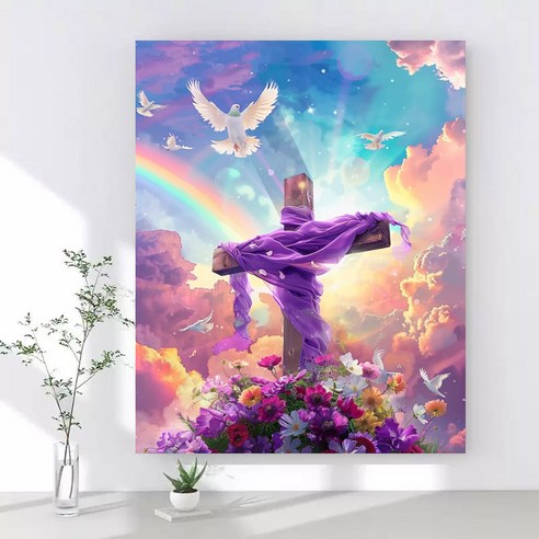 보석십자수 캔버스형 DIY 액자형 40x50cm 3D 대형 다이아몬드페인팅 그림 구슬십자수 행운 거실 인테리어 그림, 1개, 06 십자가 평화의 비둘기