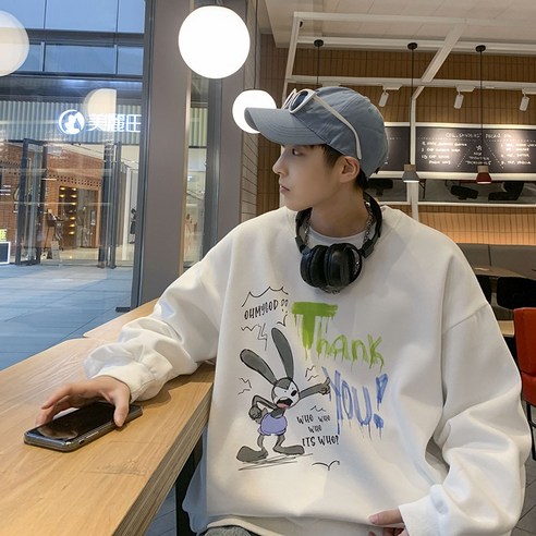 YANG 남성 까마귀 봄과 가을 한국 스타일 트렌디 홍콩 스타일 잘 생긴 낙서 라운드 넥 대형 느슨한 라운드 넥 코트