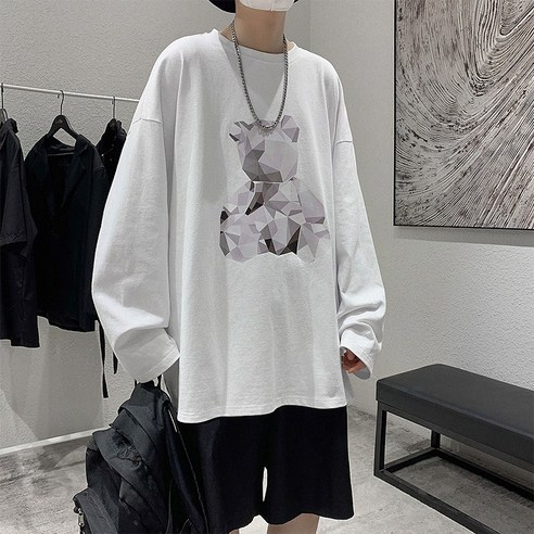 YANG 긴팔 티셔츠 남성 패션 브랜드 커플 셔츠 가을 한국 스타일 만화 곰 인쇄 라운드 목 스웨터