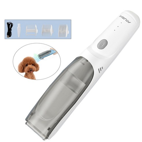 흡입이발기 무선애견이발기 세트 USB 충전식 저소음 방수 애견미용기 털흡입기능, 흰색, 4개