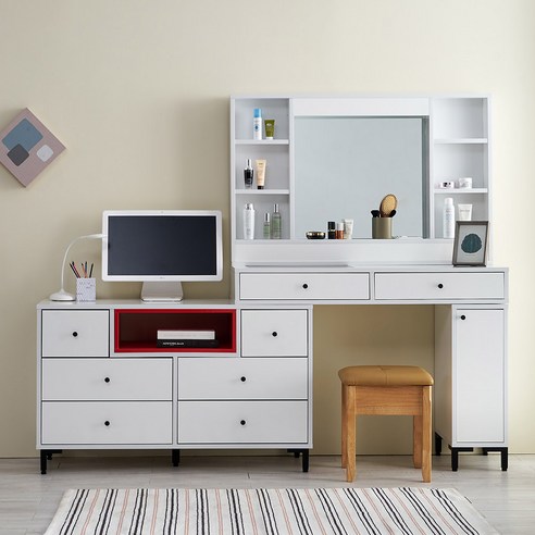 동서가구 아론 대용량수납 1200 확장형 와이드 화장대+공간박스 (거울 포함) DF915150, 화이트 유광 스카이