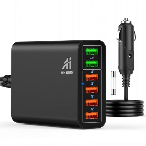 AIKENUO 96W 멀티 포트 USB 차량용 충전기 4개의 QC3.0 포트가 있는 6포트 고속 차량용 충전기 어댑터 다중 포트 스마트 폰 및 태블릿 충전용 12V-24V, 검은 색