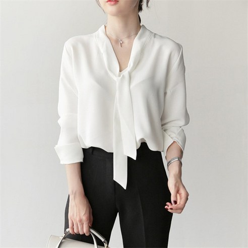 2020 봄 새로운 한국어 스타일 패션 우아한 간단한 V 넥 셔츠 여성 긴 소매 느슨한 시폰 탑