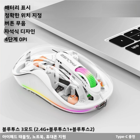 PYHO 2400 DPI 4단계 오피스 게임용 무선 마우스 2.4G무선/BT무선/USB유선 무소음 게이밍 마우스, 흰색