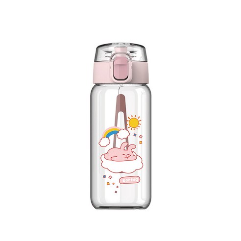 만화 점프 유리컵 자물쇠 단추 탄개 직음컵 야외 휴대용 손잡이 컵 붕소 실리콘 물컵, 핑크, 450ml