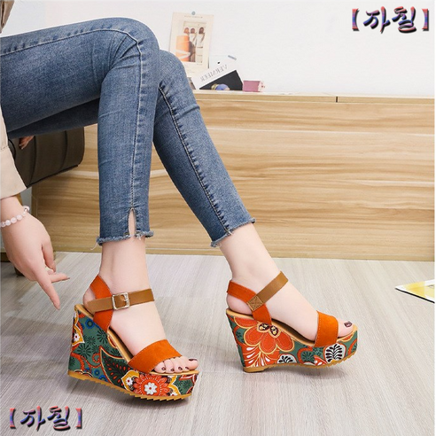 에스닉 스타일 10CM 특이한 통굽 웨지힐 키높이 샌들 굽높은 화려한 디자인 그린 오렌지
