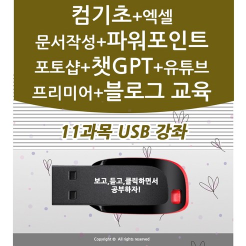 11종 컴퓨터 기초 배우기 교육 + 엑셀 활용 강좌+ 파워포인트+ 문서작성+챗gpt+포토샵+유튜브 유튜버+프리미어 프로 동영상 편집 +네이버 블로그 책 교재 서적 좋은 usb