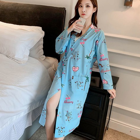 DFMEI-Y 기모노 잠옷 여성 여름 반팔 Nightdress 목욕 가운 느슨한 대형 잠옷 여성 봄과 가을 중간 길이 가운, DFMEI 블루 긴팔 소녀, S 사이즈 (80-95 Jin 권장)