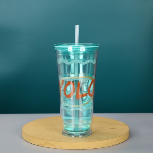 재사용 가능한 컵 투명 대용량 빨대 컵 학생 밀짚 음료 컵 커피 주스 이중층 플라스틱 컵, 그린 8811, 600ml