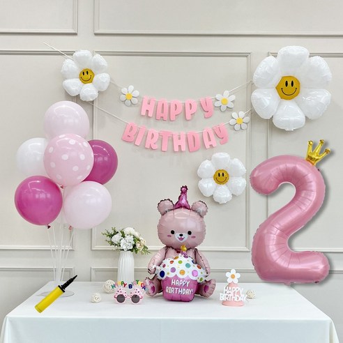 연지마켓 데이지 곰돌이 생일 파티 숫자 풍선 가랜드 세트, 2, 1세트, 베어 핑크 2