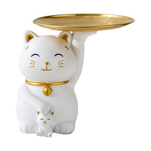 귀여운 고양이 동상 보관 트레이 주요 보석 주최자 사탕 용기 입구 부엌 침실 크리스마스 장식품을위한 수지, 하얀색