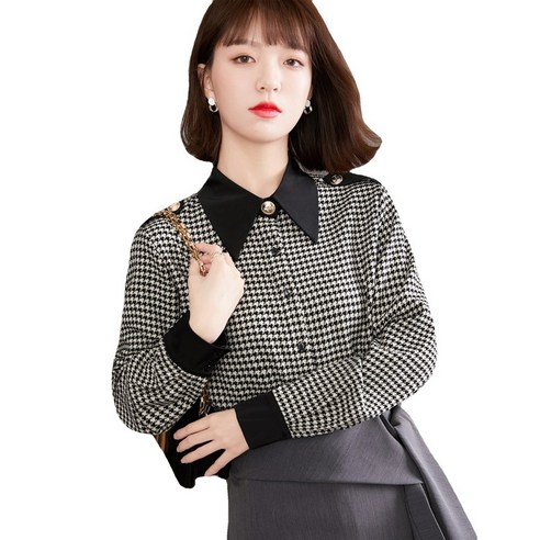 ANKRIC 셔츠블라우스 2022 봄가을 빈티지 루즈핏 체크 쉬폰 블라우스 여 디자인 셔츠 상의