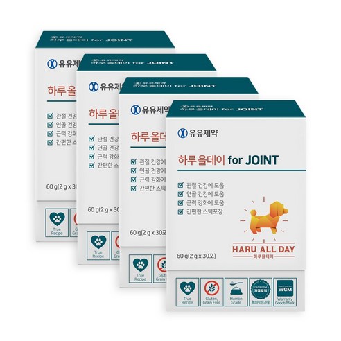 유유제약 하루올데이 JOINT 강아지 관절 반려견 영양제 슬개골 글루코사민 MSM 초록입홍합 카제로템, 뼈/관절강화, 4개