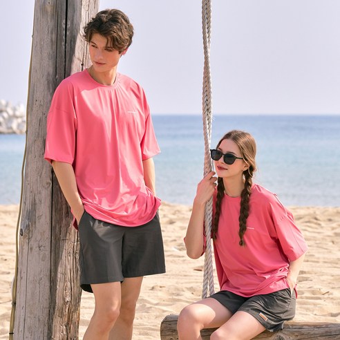 빅로고 래쉬가드 반팔 커플 남성 여성 커플 루즈핏 (7color), M, 핑크