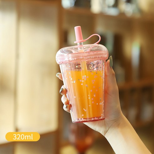 이중 단열 플라스틱 컵 휴대용 누출 방지 운동 물컵 사탕색 도넛 빨대 컵, 핑크/핑크, 520ML