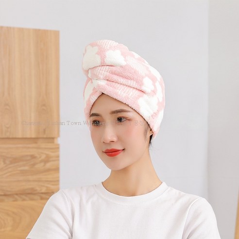 ZZJJC 코랄모 흡수 이중 드라이캡 흡수체 도톰하고 부드러운 드라이캡 목욕모자 수건 닦기, 핑크 구름, 25*65cm