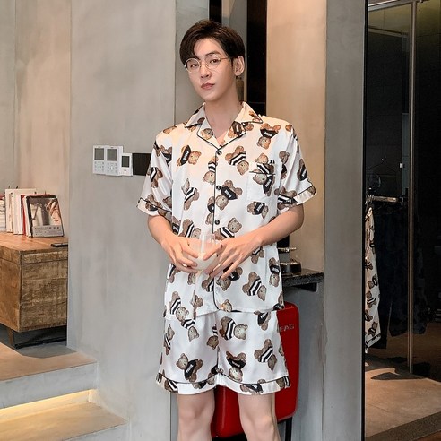 러빙리 커플잠옷 테디베어 반팔 반바지 홈웨어 실크 파자마세트