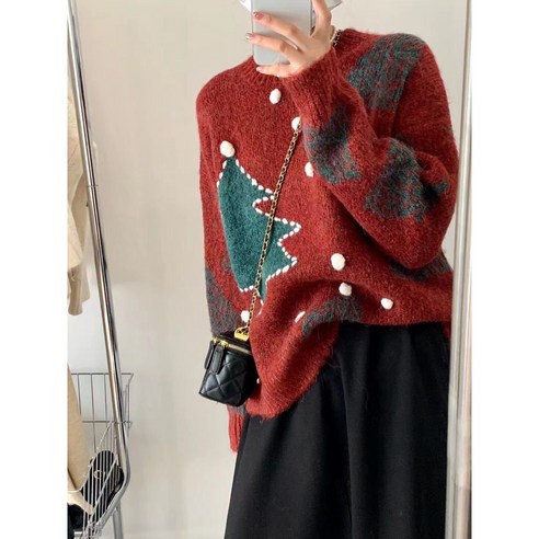 KORELAN레드 크리스마스 스웨터 여성 겨울 새로운 스타일 한국 복고풍 소프트 밀랍 새해 축제 스웨터 재킷 재킷
