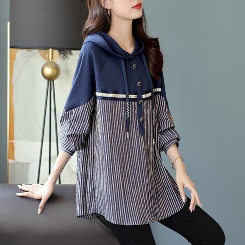 여성용 후드 스트라이프 패치 루즈핏 맨투맨 긴팔 톱 티셔츠 F902 Women''s T-shirt