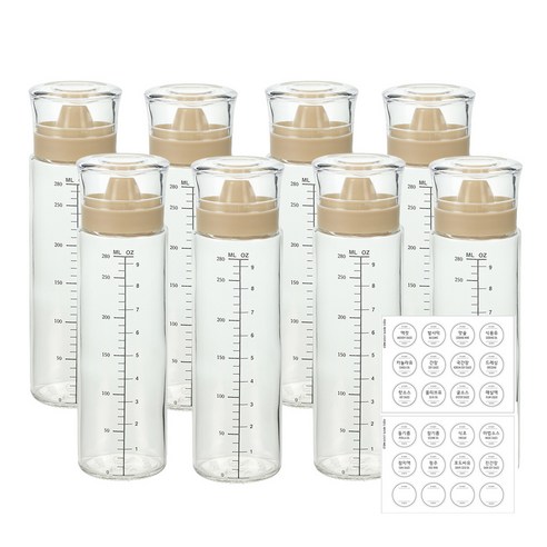 시노글라스 신형 오일병 양념병(라운드베이직 스티커 24종 포함), 베이지, 8개, 300ml