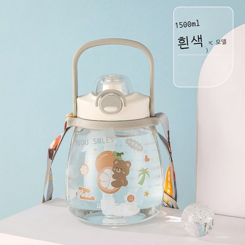 후쿠 팡 대용량 컵 학생 플라스틱 컵 귀여운 밀짚 컵 휴대용 물 냄비 그물 넷 빨간 배꼽 컵 1500ml, 화이트 1500ml + 무작위 스티커 (PC), 1200-1500ml.